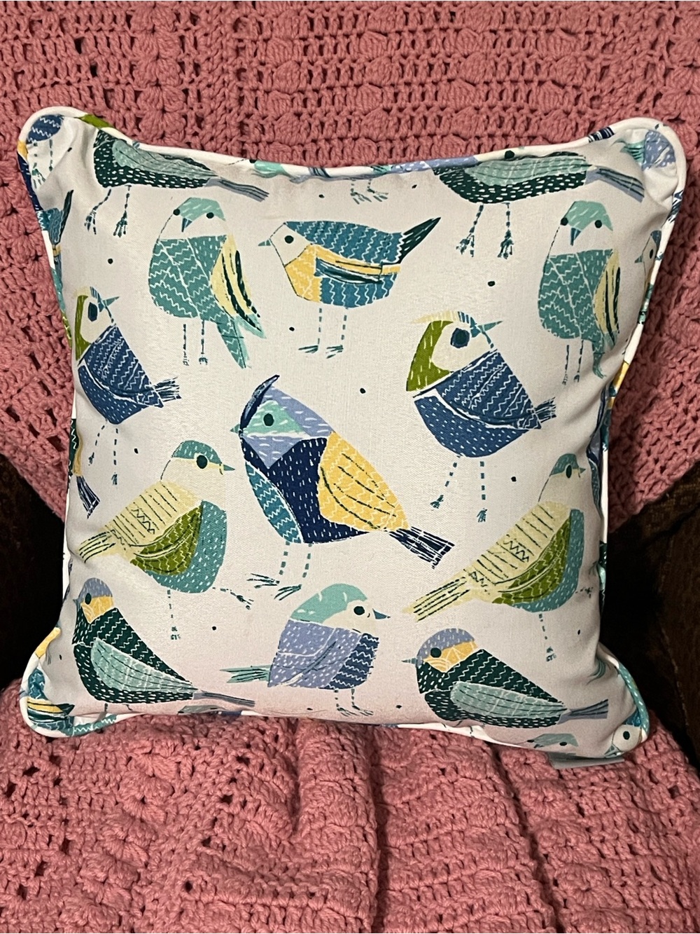 Decorative Bird Print Throw Pillow in Teal, Blue, Yellow